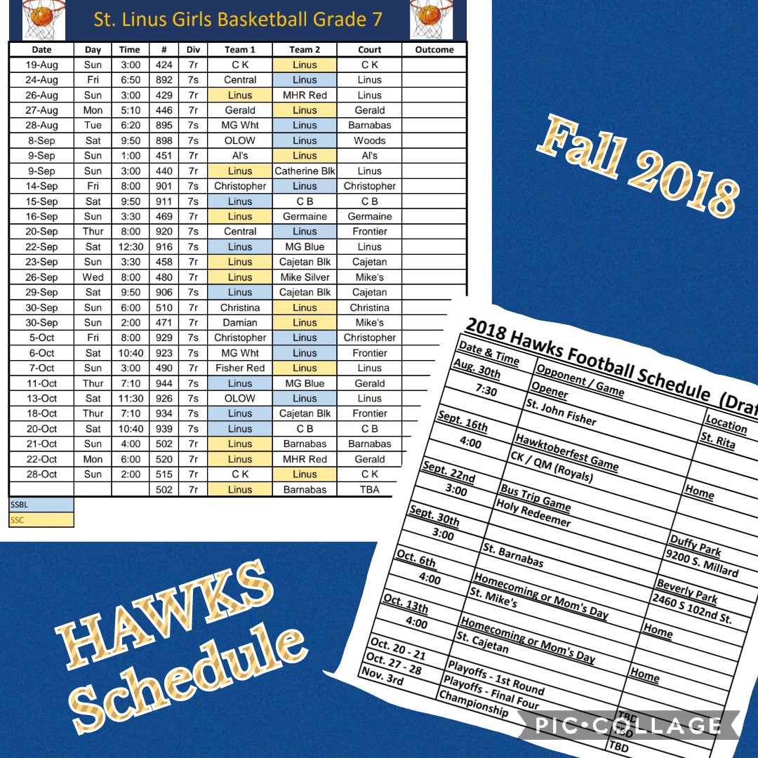 Girls Basketball Schedule- 7th Grade/Boys Football Schedule – St. Linus