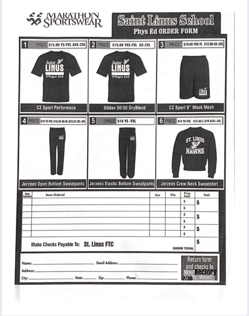 Gym Uniform Order Forms St. Linus School